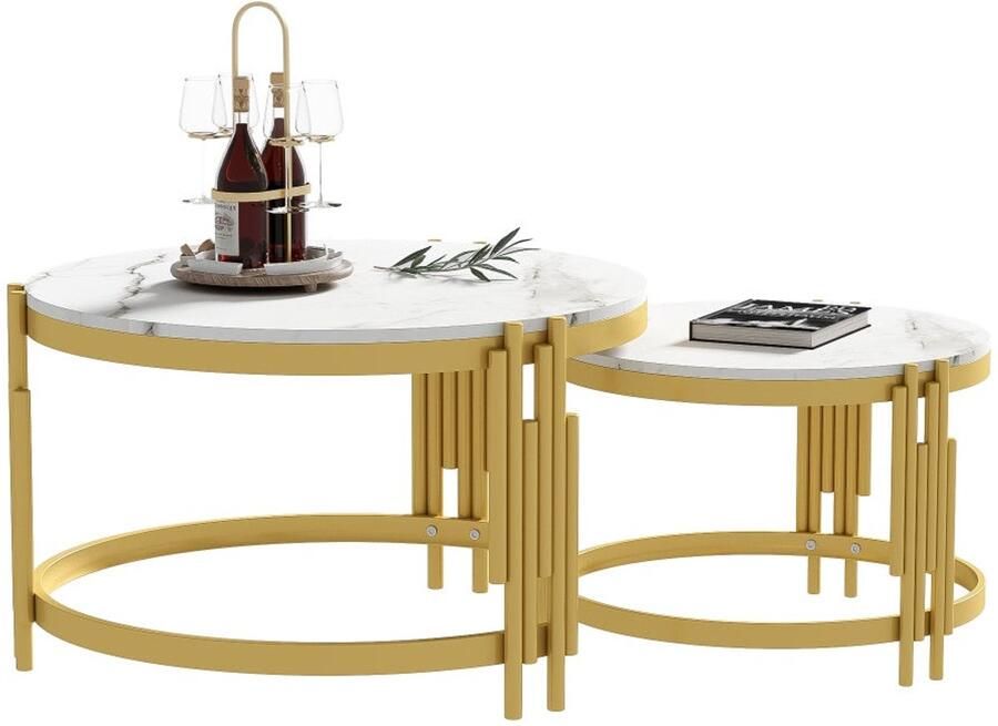 Corenia Salontafel – Koffietafel – Bijzettafel – Woonkamertafel – Tafeltje – Ronde Set van 2 – Marmerlook Tafelblad – Goud Metalen Frame