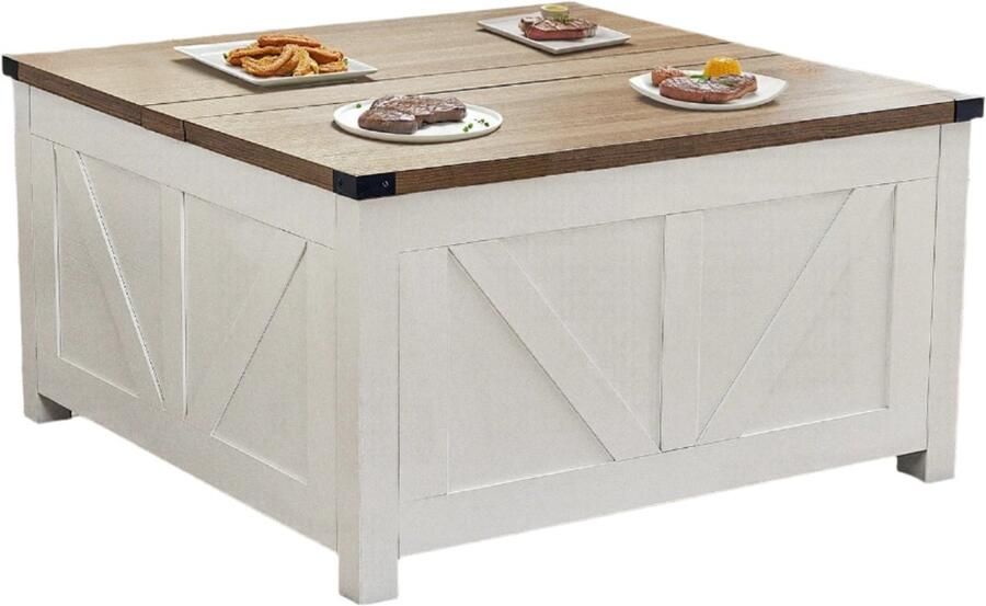 Corenia Salontafel – Koffietafel – Opbergtafel – Tafeltje – Houten Tafel – Hydraulisch Liftsysteem – Ingebouwde USB Poorten 90 x 90 x 50 cm Grijs