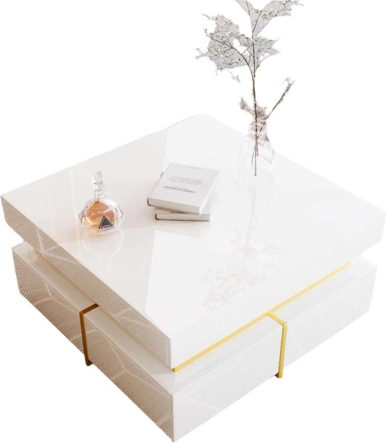 Corenia Salontafel – Koffietafel – Tafel – Woonkamertafel – Hoogglans Afwerking – Gouden Accenten – Twee Lades