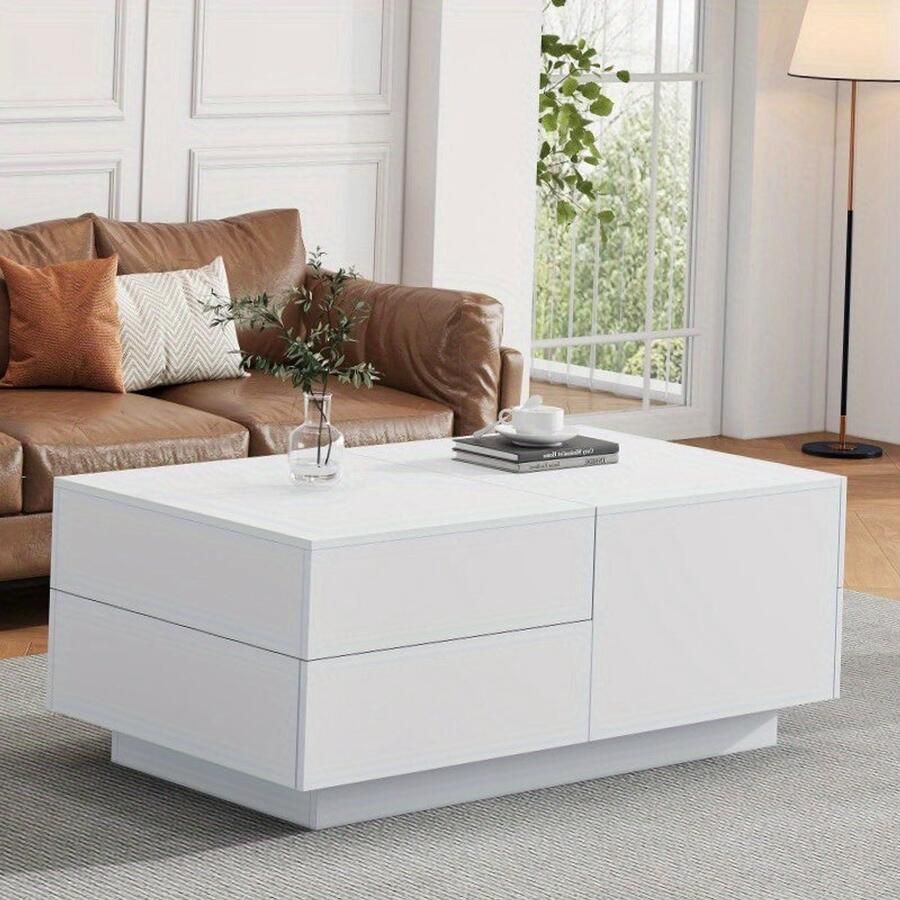 Corenia Salontafel – Koffietafel – Tafel – Woonkamertafel – Lounge tafel – Schuifblad – 4 Lades – Modern Wit – Compact 90x55x45 cm