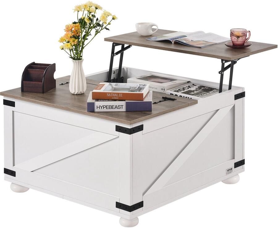 Corenia Salontafel – Koffietafel – Tafeltje – Woonkamertafel – Lift-Top Salontafel – 80x80 cm – Hydraulisch Hefblad – Grote Opbergruimte Grijs-Wit