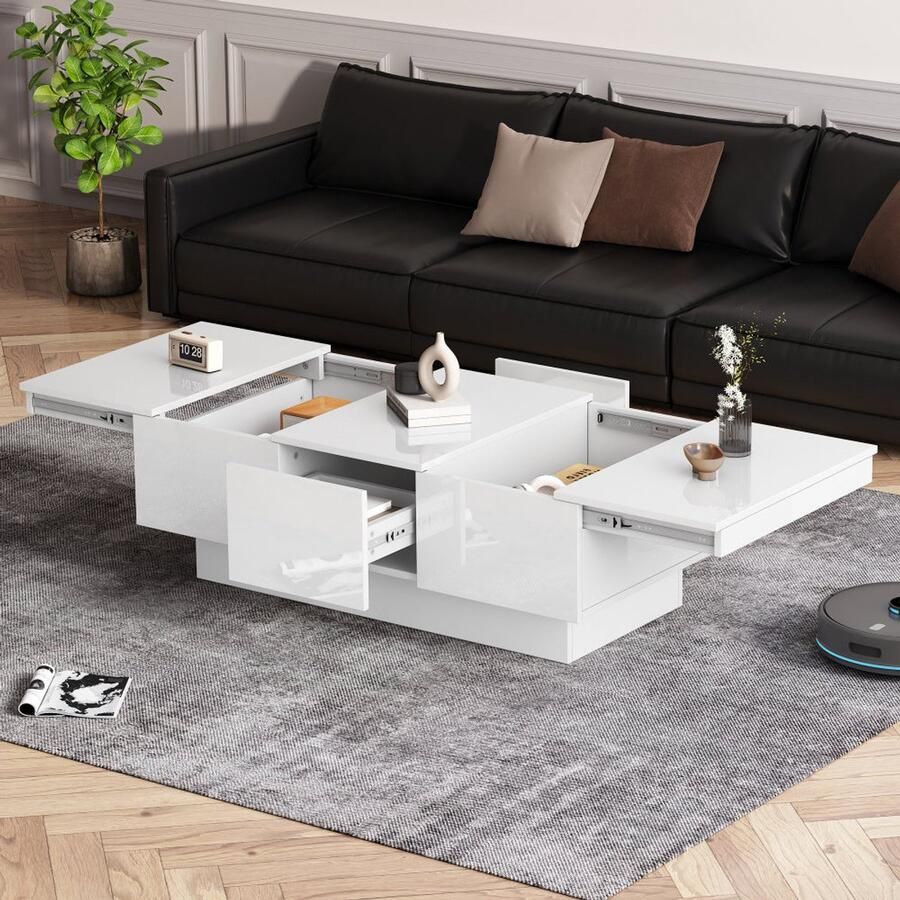 Corenia Salontafel – Koffietafel – Witte Tafel – Salontafels – Dressoir – Hoogglans Wit – Schuifbaar Tafelblad – Met 2 Lades en Verborgen Opbergruimte – 100x55x35 cm