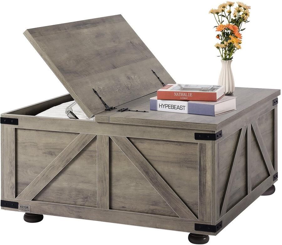 Corenia Salontafel – Koffietafel – Woonkamertafel – Bijzettafel – Landelijke Tafel – Flip-Top Design – Grote Verborgen Opbergruimte – Massief Hout – Beige