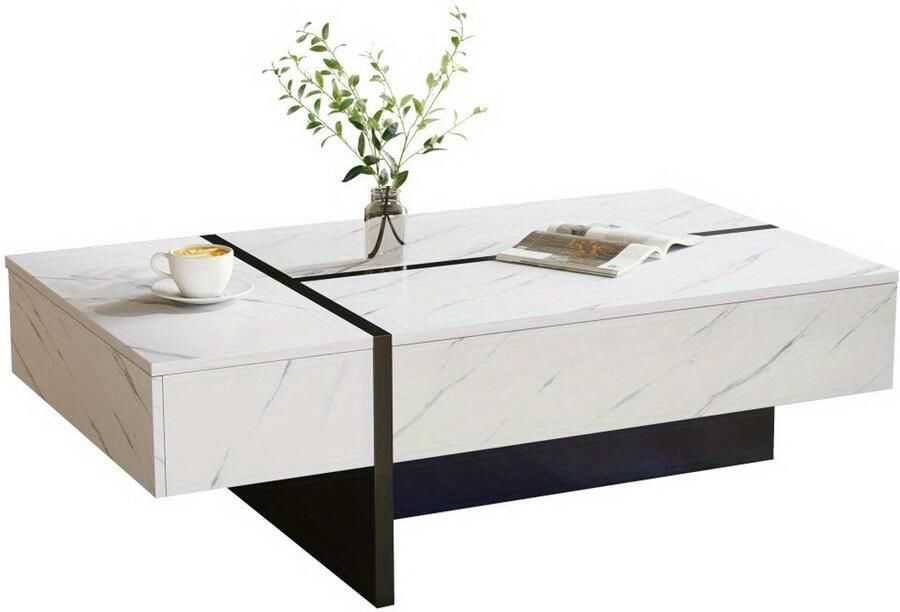 Corenia Salontafel – Koffietafel – Woonkamertafel – Bijzettafel – Salon tafel – Wit Marmerpatroon – Hoogglans Spaanplaat – 105x60x35 cm – Modern Minimalistisch Design