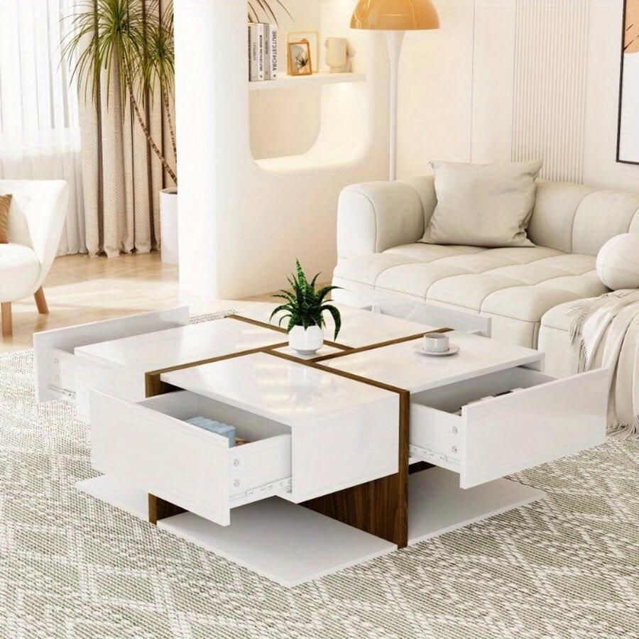 Corenia Salontafel – Koffietafel – Woonkamertafel – Bijzettafel – Tafeltje – Modern Hoogglans Wit – 4 Laden Opbergruimte – 78x78x34 8 cm – Duurzaam Stijlvol Design