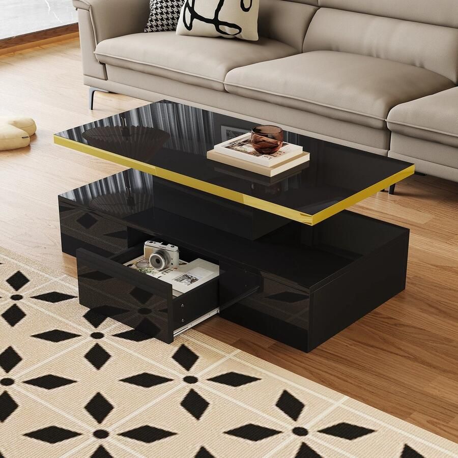 Corenia Salontafel – Koffietafel – Woonkamertafel – Tafel – Hoogglans Wit – Twee Niveaus – Verborgen Lade Zwart