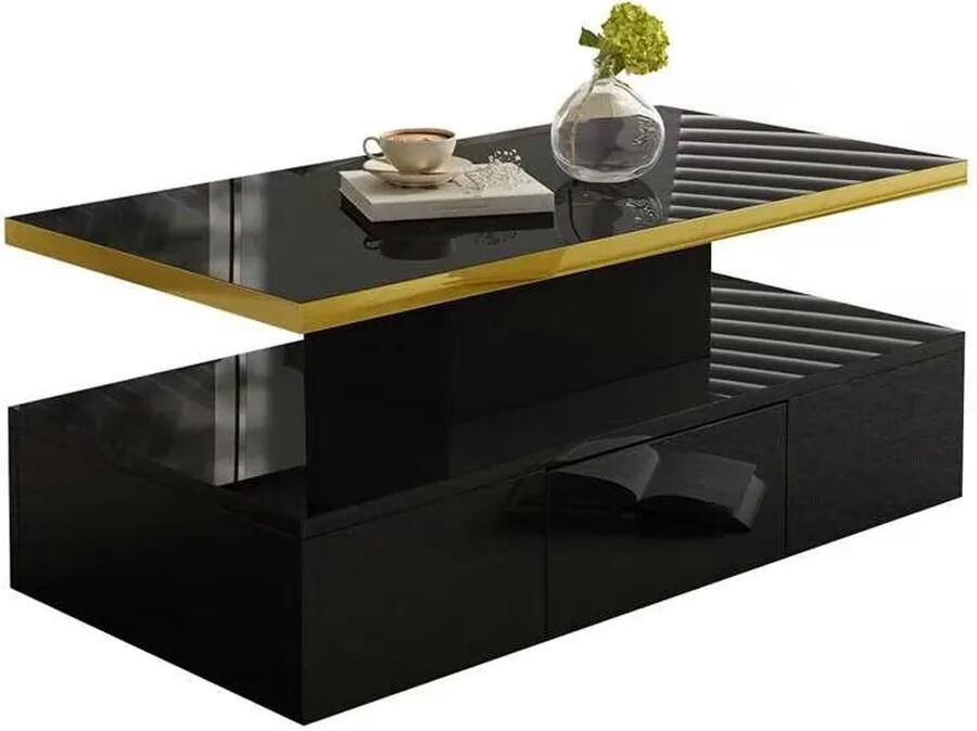Corenia Salontafel – Koffietafel – Woonkamertafel – Tafel Met Lade – Hoogglans Zwart – Twee Niveaus – Compact Met Gouden Rand 100 x 50 x 38.5 cm Zwart