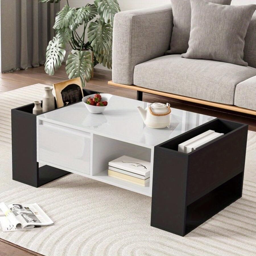Corenia Salontafel – Koffietafel – Woonkamertafel – Tafeltje – Bijzettafel – Modern Design – Hoogglans Zwart – Metaal – Opberglade – 105x60x40 5 cm