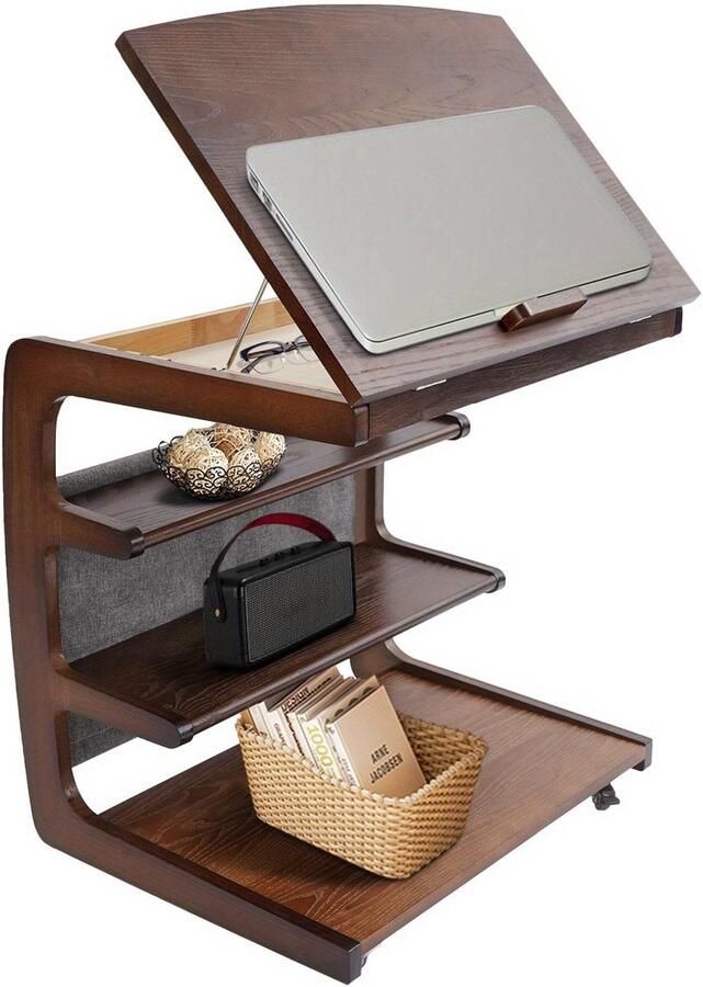 Corenia Salontafel met Opbergruimte – Bijzettafel – Koffietafel – Wandtafel – Rolstoeltafel – 4-laags Opbergruimte – Modern C-vormig Design – Rubberhout en IJzer – Wieltjes met Rem – 60 cm Hoog – Notenkleur