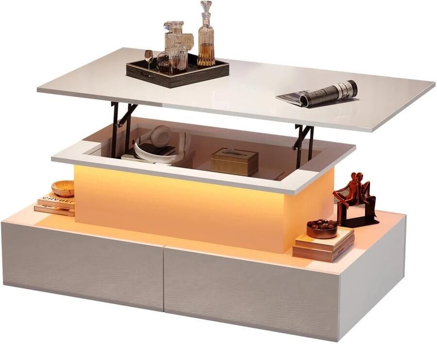Corenia Salontafel – Moderne Tafel – Witte Hoogglans Tafel – Uitschuifbare Tafel – Met LED-Verlichting – Vier Lades – Geruisloos Uittreksysteem