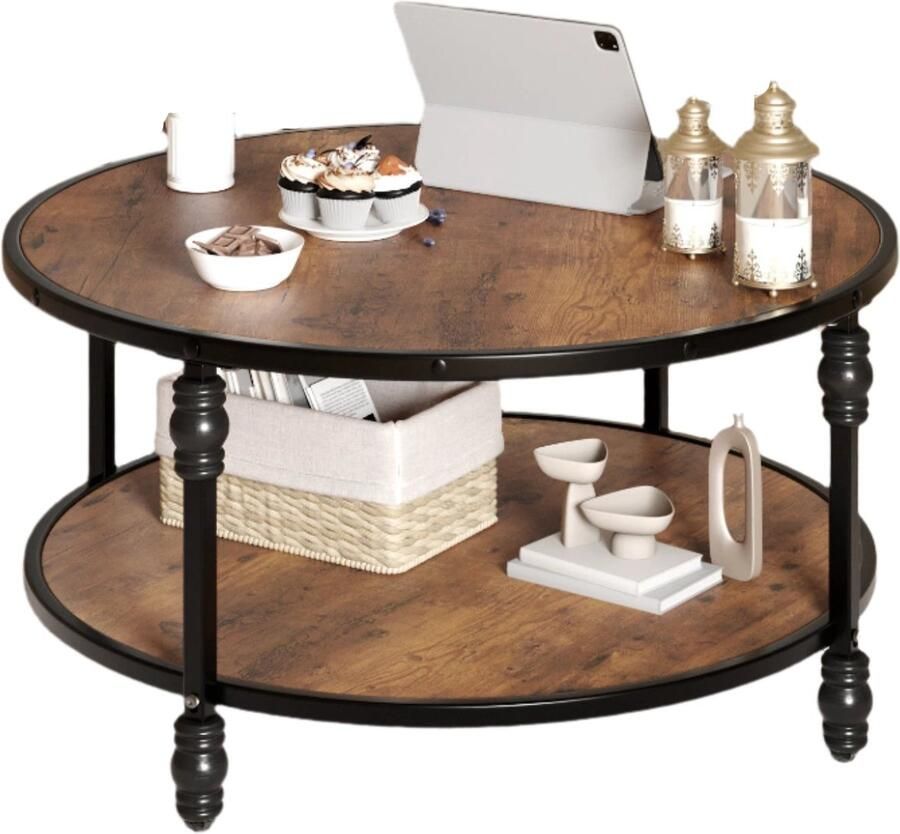 Corenia Salontafel Ronde Salontafel – Houten Blad – Opbergrek – Metalen Poten – Robuust & Stijlvol – Bruin