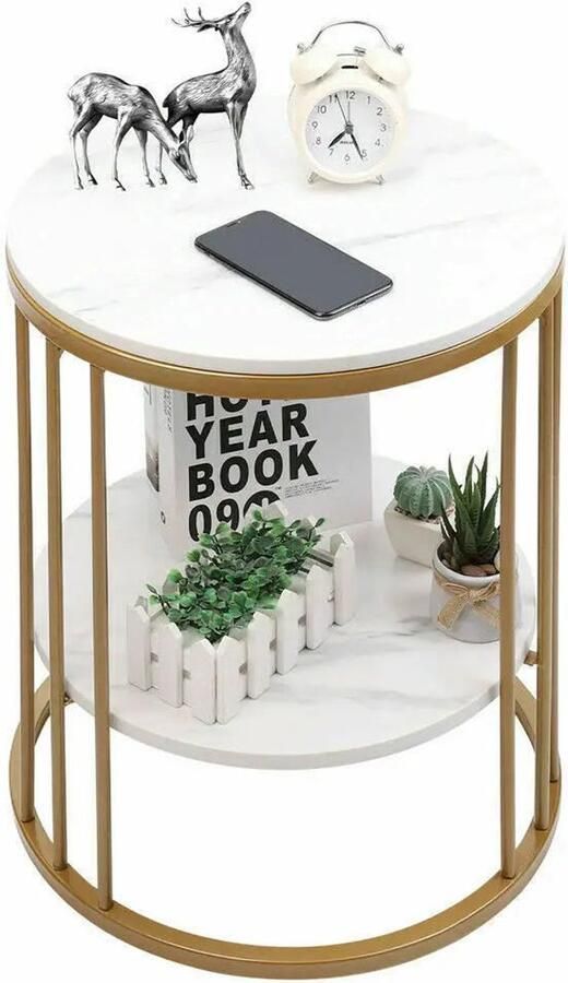 Corenia Salontafel Round Side Table 2-Tier Marble Coffee Table Bedside Table Home Decor 40x40x54cm Gold