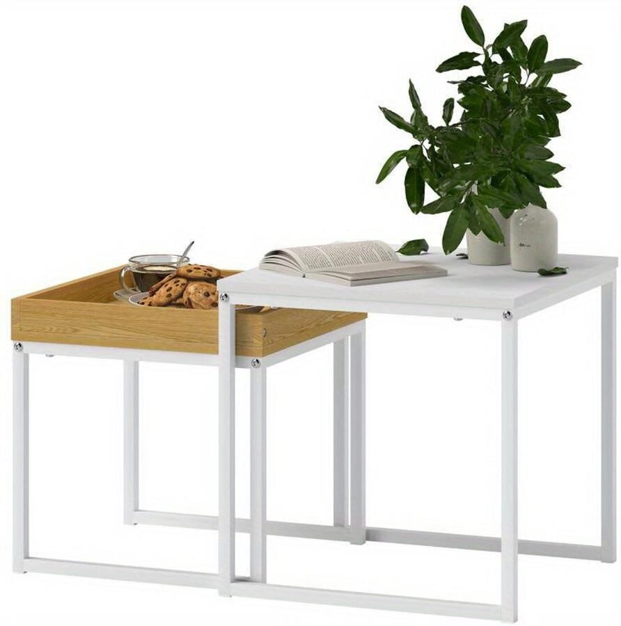 Corenia Salontafel Set – Koffietafel – Bijzettafel – Woonkamertafel – Hoektafel – White Oak Houten Blad – Stevig Stalen Frame – Draagkracht 30 kg – Weerbestendig Design