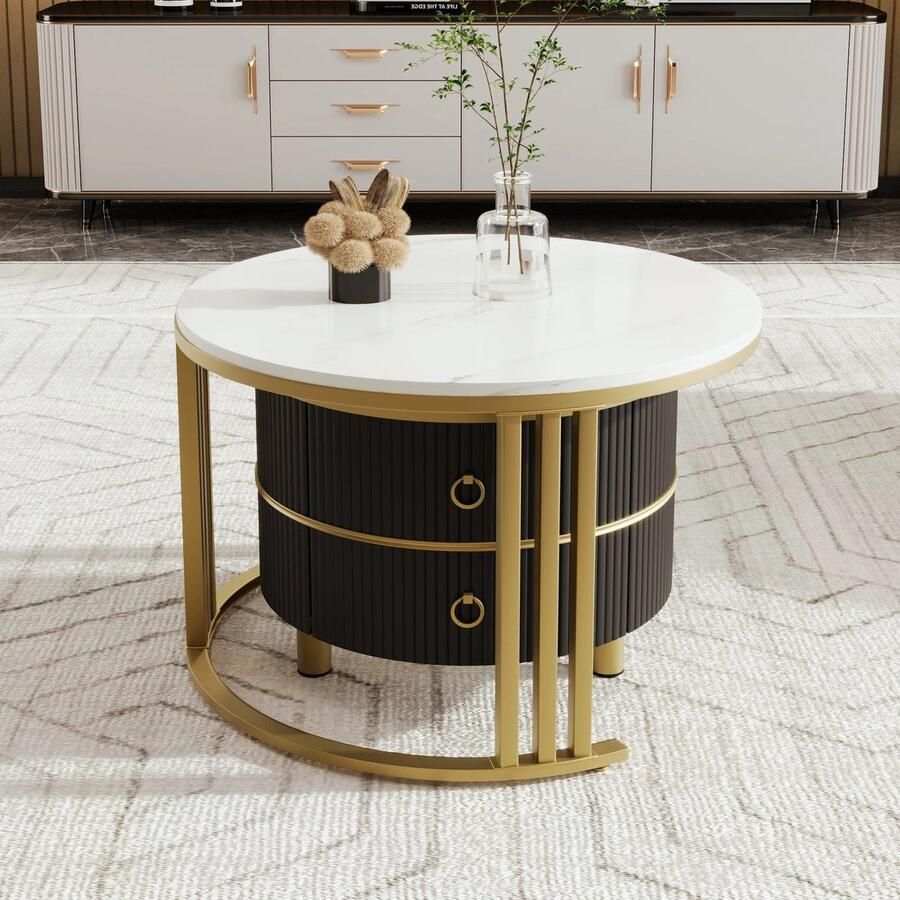Corenia Salontafel Set Van 2 Bijzettafels – Opbergtafel – Nachtkastje – Moderne Tafels – Marmerpatroon – Gouden Frame Zwart