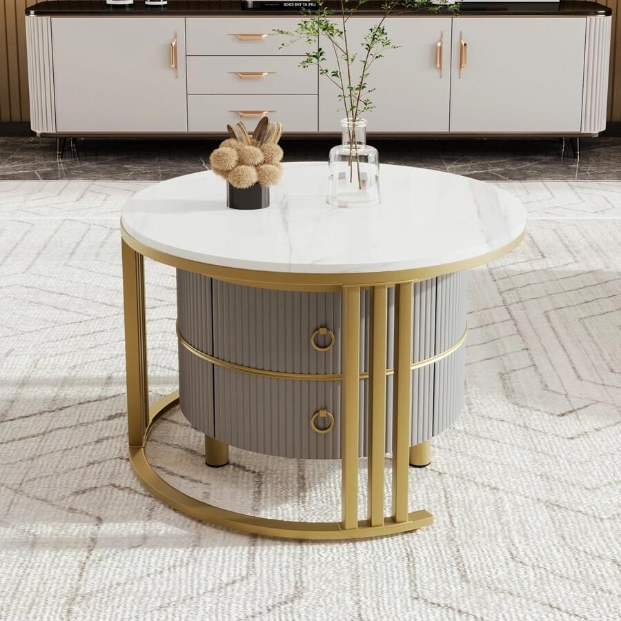 Corenia Salontafel Set Van 2 Bijzettafels – Opbergtafel – Nachtkastje – Moderne Tafels – Marmerpatroon – Gouden Frame Grijs