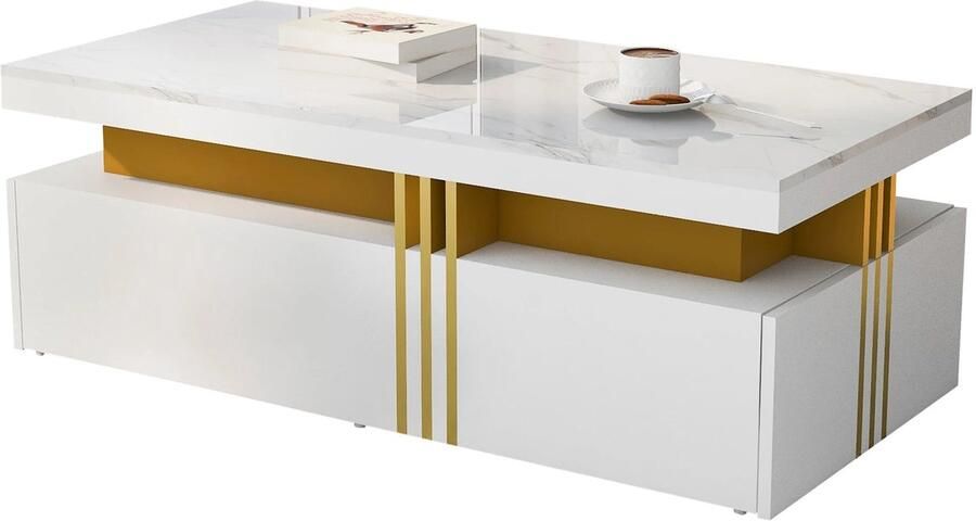 Corenia Salontafel – Sofa Tafel – Bijzettafel – Werktafel – Met 2 Ruime Lades – MDF Met Melamine Coating 100 x 50 x 40 cm Wit-Goud