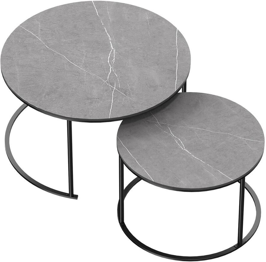 Corenia Salontafel Tafel Moderne Stijl Set van 2 Nesting Ronde Salontafel Marmer Sintered Stone Tafelblad Metalen Poten – Ruimtebesparend Woonkamer Meubel Grotetafel 80x45cm Kleintafel 60x40cm Donkergrijs