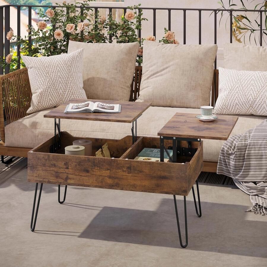 Corenia Salontafel Verstelbare Salontafel met Dubbele Liftfunctie – Rustiek Bruin – Verborgen Opbergruimte – Metalen V-poten