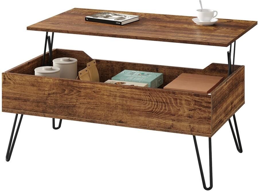 Corenia Salontafel Verstelbare Salontafel met Opbergruimte – Industrieel Koffietafel – Lifting Table – Vintage Houtlook Zwart Metaal – Woonkamer Kantoor