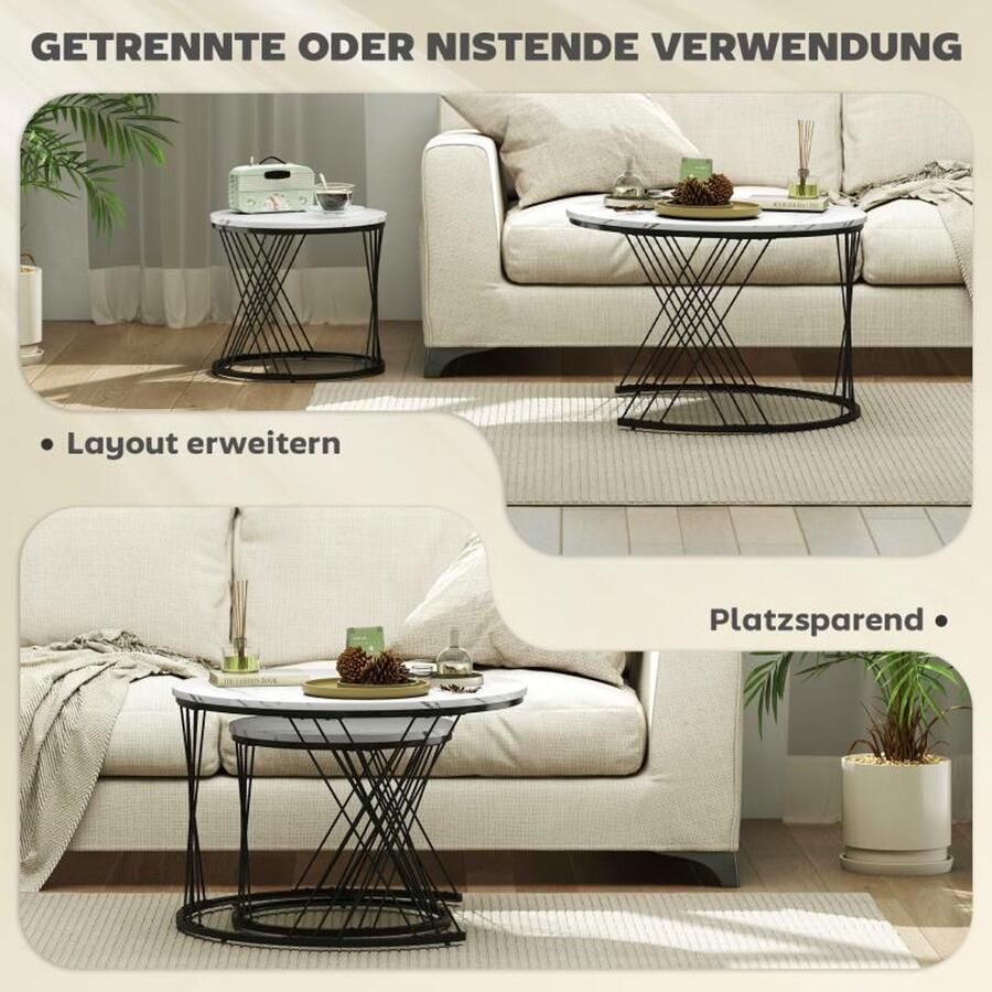 Corenia Salontafel – Woonkamertafel – Bijzettafel – Koffietafel – Patioset – Ronde Set Van 2 – Wit Spaanplaat Marmerlook – Metalen Geometrisch Onderstel