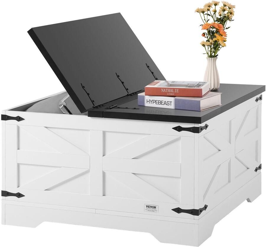 Corenia Salontafel – Woonkamertafel – Bijzettafel – Koffietafel – Tafel – Vierkant – Met Opbergruimte – Hout – Kantelbaar Tafelblad – 80x80 cm – Zwart-Wit