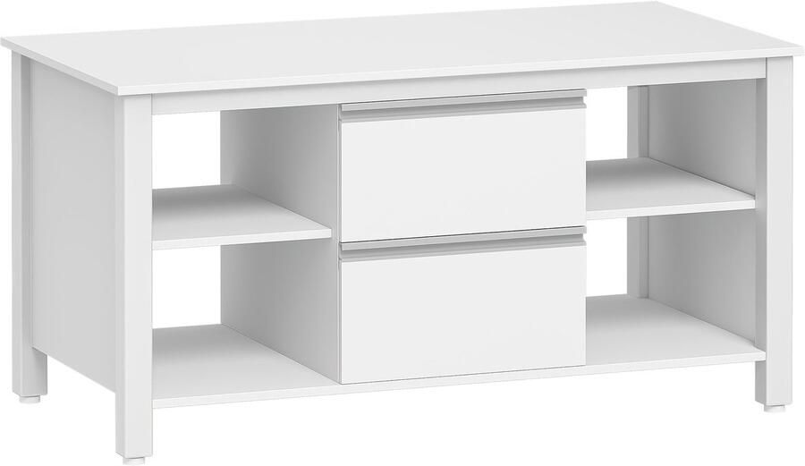 Corenia Salontafel – Woonkamertafel – Bijzettafel – Sofa Tafel – Tafel Met Lades – Wit Mat – 100x50x50 cm – Stalen Poten – 2 Lades + 4 Open Vakken