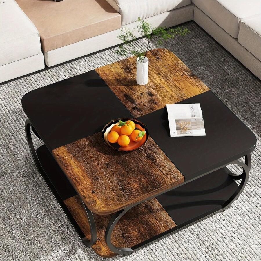Corenia Salontafel – Woonkamertafel – Koffietafel – Bijzettafel – Salon tafel – Vierkant – Twee Verdiepingen – Metalen Frame – Donkerbruin Houten Tafelblad – Ruime Opbergruimte – Modern Landelijk Design