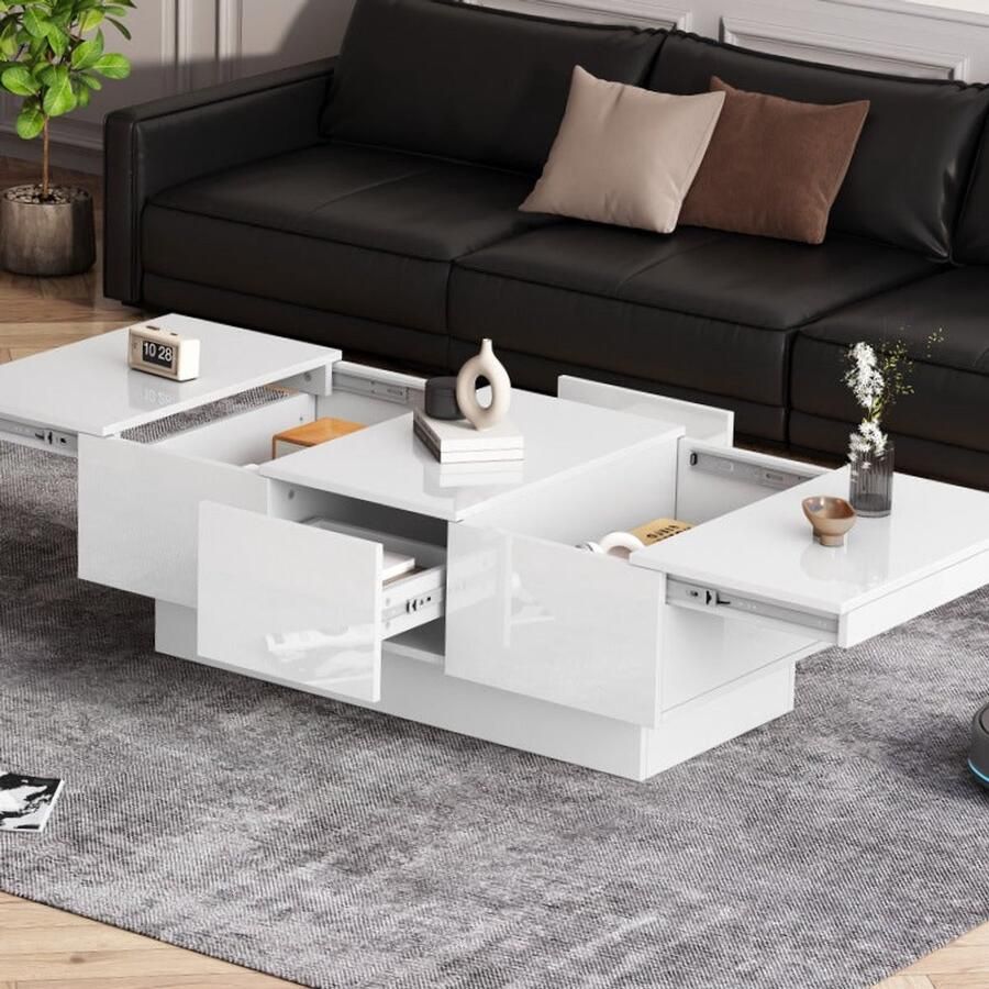 Corenia Salontafel – Woonkamertafel – Koffietafel – Bijzettafel – Tafel – Hoogglans Wit – Uitschuifbaar – Met 2 Lades en Verborgen Opbergruimte