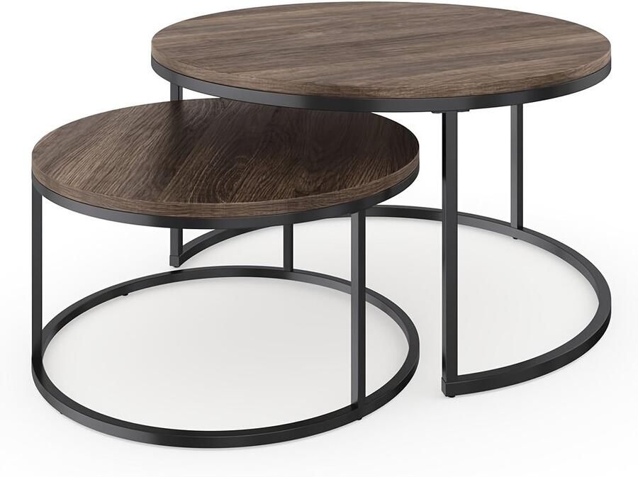 Corenia Salontafelset – Koffietafel – Bijzettafel – Nesting Tafels – Ronde Tafel – Retro Stijl – Metaal & Houtlook – Set van 2 70 & 50 cm