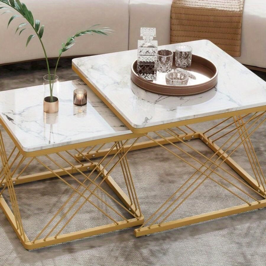 Corenia Salontafelset – Koffietafel – Bijzettafel – Woonkamertafel – Tafeltje – Glanzend Marmerlook – 2 Stuks Vierkant 60x60x45 & 45x45x40 cm – Verstelbare Poten Max 30 kg Belastbaar