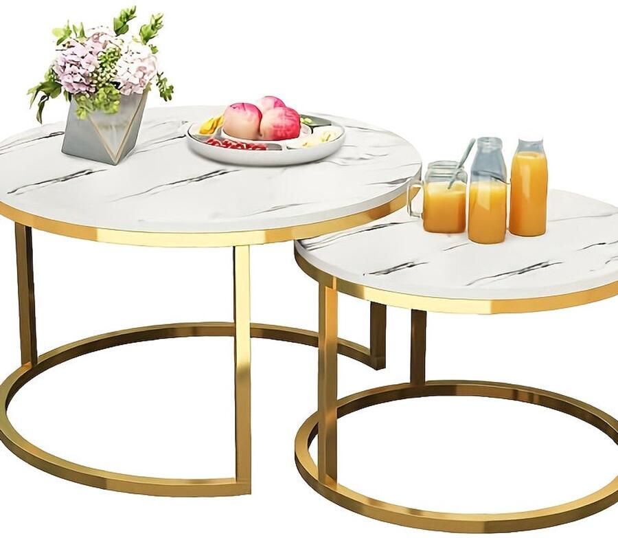 Corenia Salontafelset Rond – Salontafel Bijzettafel Koffietafel Tafeltje – Wit Met Houten Blad – Set Van 2 – Nesting Ontwerp – 70 & 50 cm – Retro Stijl – Multifunctioneel