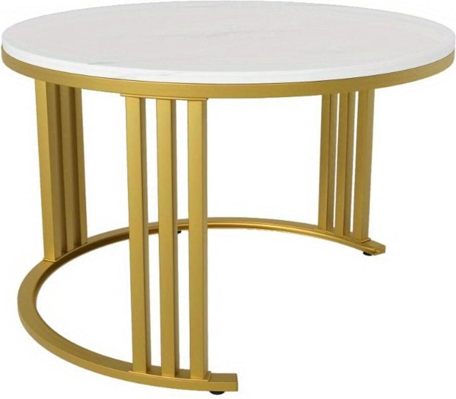 Corenia Salontafelset – Salontafel – Bijzettafel – Nesting Tafel – Koffietafel – Ronde Set – Glanzend Marmerlook Blad – 2 Opberglades – Modern Design – 70x70x46 cm & 50x50x40 cm