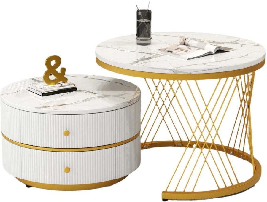 Corenia Salontafelset – Tafels – Salontafels – Woonkamertafels – Opbergtafels – Hoogglans Marmerlook – Twee Lades – Stevig Tot 30 Kg Goud