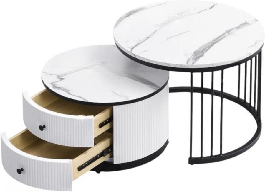Corenia Salontafelset – Tafels – Salontafels – Woonkamertafels – Opbergtafels – Hoogglans Marmerlook – Twee Lades – Stevig Tot 30 Kg Zwart