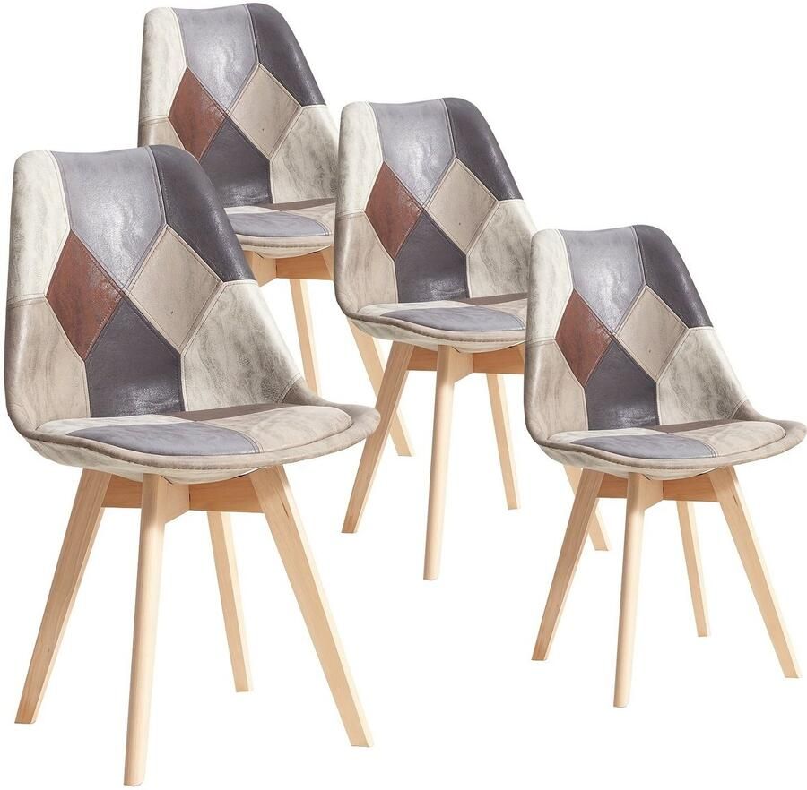 Corenia Scandinavische Stoelen – Eetkamer Stoelen – Bureaustoelen – Patchwork Stoelen – Set Van 4 – Ergonomisch Zitcomfort – Beukenhouten Frame Bruin