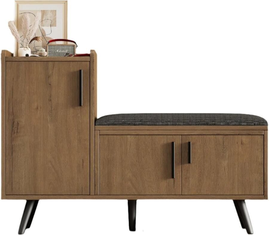 Corenia Schoenenbank – Schoenenrek – Zitbank – Opbergmeubel – Houten Frame – Comfortabel Kussen – Verstelbare Opbergruimte 100 x 34 x 69 cm Bruin & Grijs