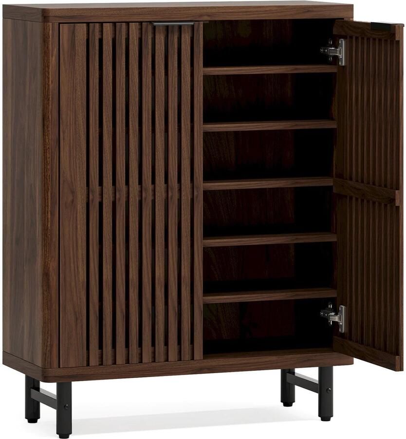 Corenia Schoenenkast – Houten Schoenenkast – Schoenen Opberger – Schoenenrek – Ventilerende Lamellendeuren – Verstelbare Planken – MDF Metalen Poten 85 x 35 x 110 cm Donkere Walnoot