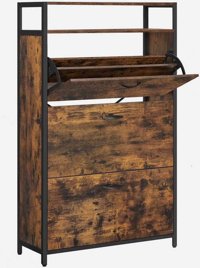 Corenia Schoenenkast – Schoenenopberger – Schoenenrek – Schoenencabinet – Halmeubel – Compact Design – Verstelbare Vakken – 80 x 30 x 130 cm – Rustiek Bruin Zwart