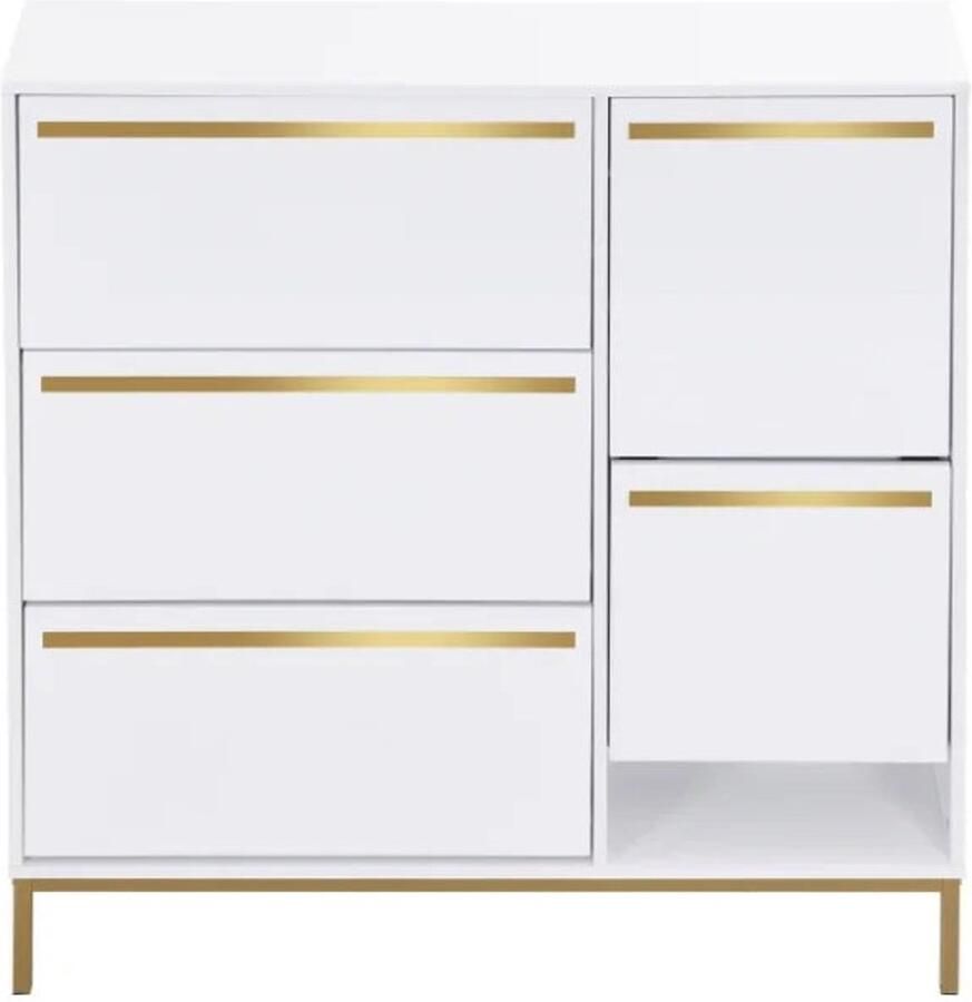 Corenia Schoenenkast – Schoenenopslag – Schoenenrek – Schoenenbank – Schoenenmeubel – 15 Tot 22 Paar – MDF Met Gouden Accenten 105 × 115.5 × 25 cm Wit