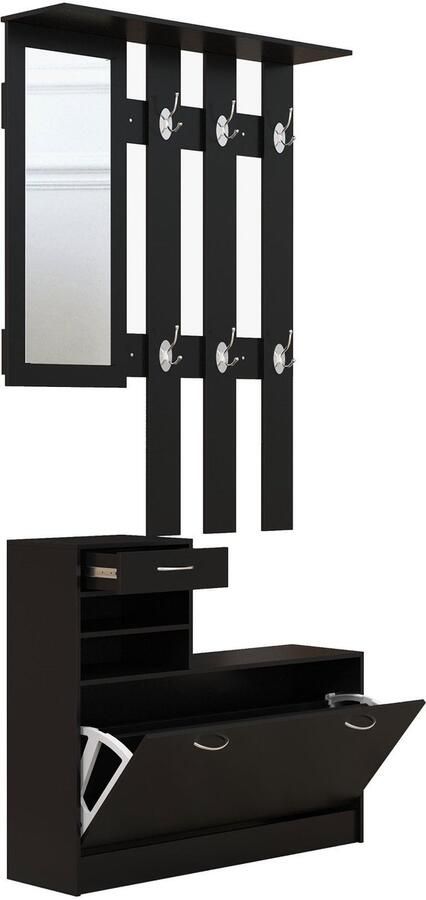 Corenia Schoenenkast – Schoenenrek – Halmeubel – Schoenenopberger – Kapstok – Modern Design – Zwart Spaanplaat – Met Spiegel en 6 Dubbele Haken