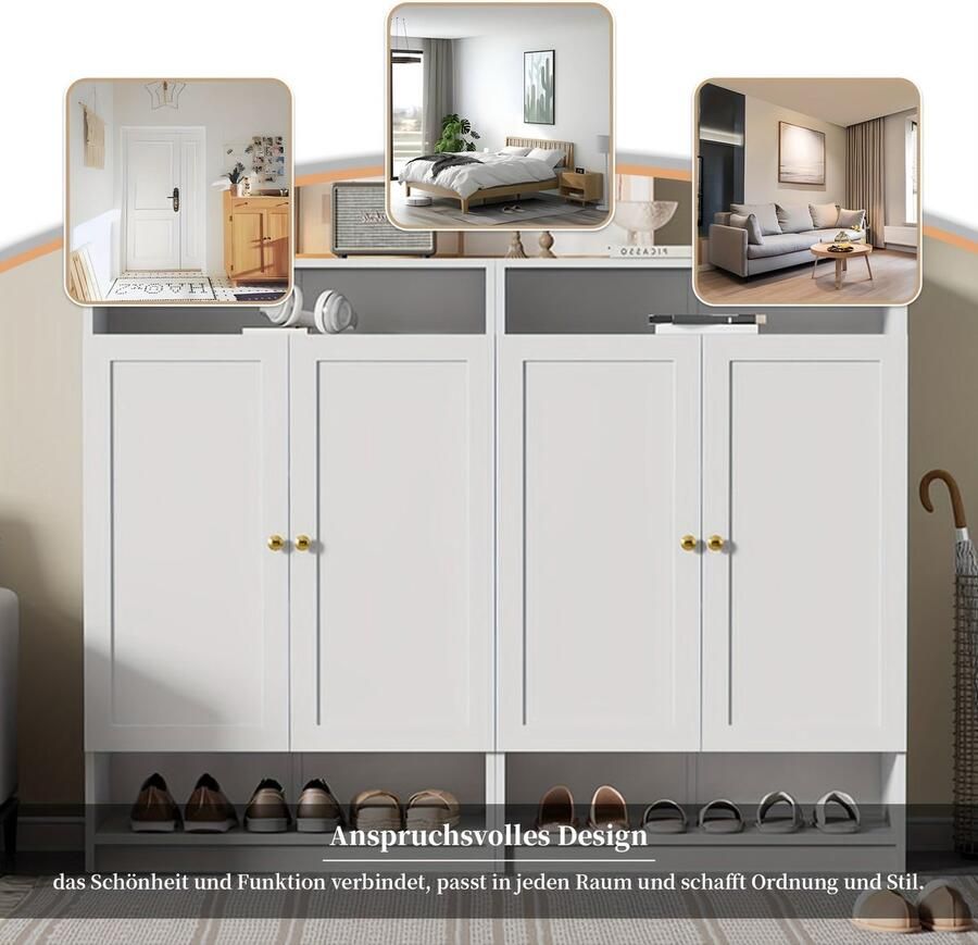 Corenia Schoenenkast – Schoenenrek – Schoenenkastje – Schoenopberger – Schoenmeubel – Modern – Wit Met Gouden Handgrepen – Verstelbare Planken – Compact Formaat 73x34x109 cm