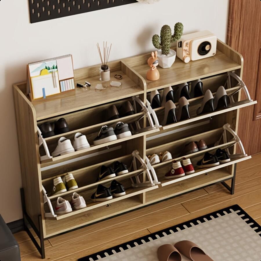 Corenia Schoenenkast – Schoenenrek – Schoenenopberger – Hal Organizer – Opbergkast – Bamboe Materiaal – Vrijstaand Met 4 Deuren – Duurzaam & Ruimtebesparend