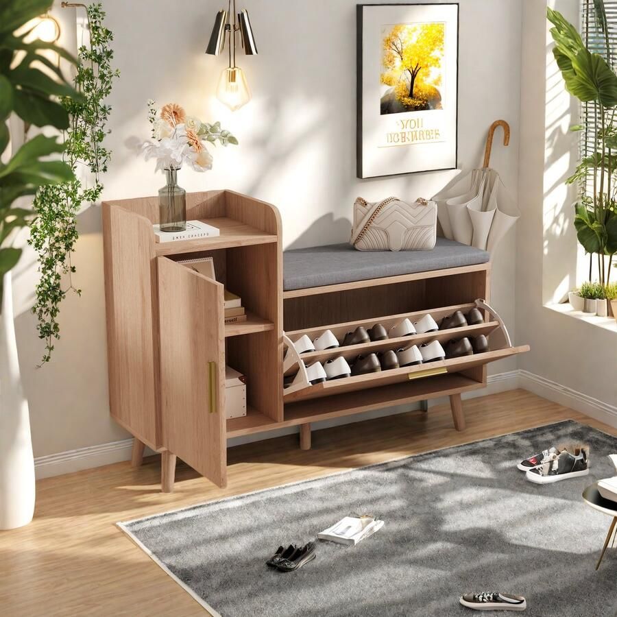 Corenia Schoenenkast – Schoenenrek – Schoenenopberger – Opbergkast – Smal Design – Schuine Laden – MDF & Hardhout – Zitkussen