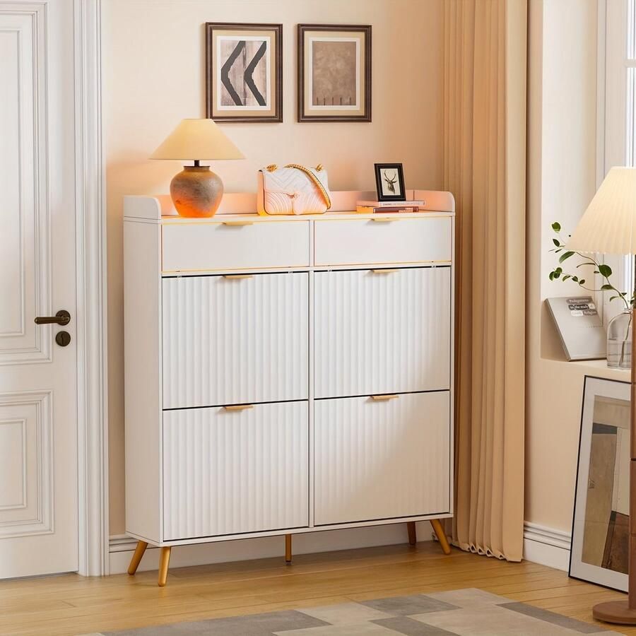 Corenia Schoenenkast – Schoenenrek – Schoenenopberger – Schoenenbank – Halmeubel – Wit – 4 Klepdeuren – Glazen Bovenblad – Ruimtebesparend – Massief Hout