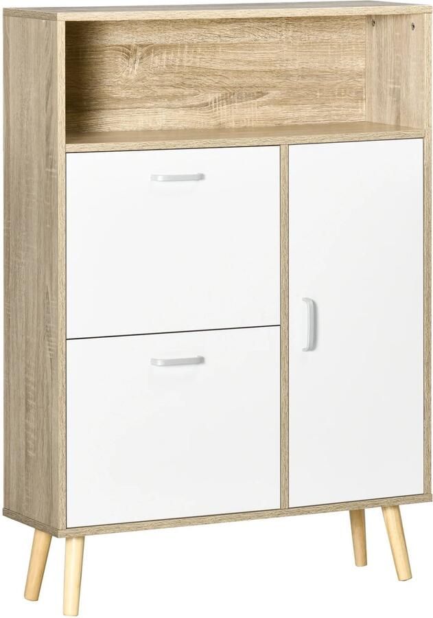 Corenia Schoenenkast – Schoenenrek – Schoenenopberger – Schoenenmeubel – Opbergruimte Voor 8 Paar – Verstelbare Lades 80 x 25.5 x 112.5 cm Wit & Natuurlijk Hout