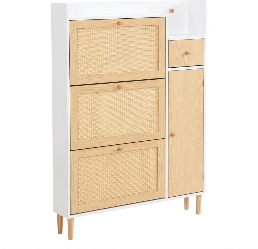 Corenia Schoenenkast – Schoenenrek – Schoenenopberger – Schoenenmeubel – Schoenenkastje – Smal Design – MDF en Massief Hout – 90x125x17 cm – 3 Kantelbare Deuren en Lade – Natuurlijk Houtlook