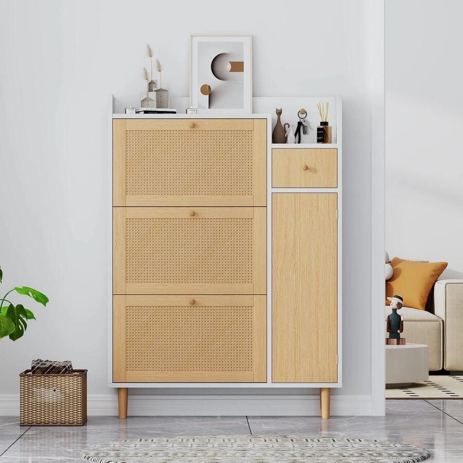 Corenia Schoenenkast – Schoenenrek – Schoenenopberger – Schoenenmeubel – Verstelbare Planken – 15-20 Paar – MDF Met Houten Details Wit