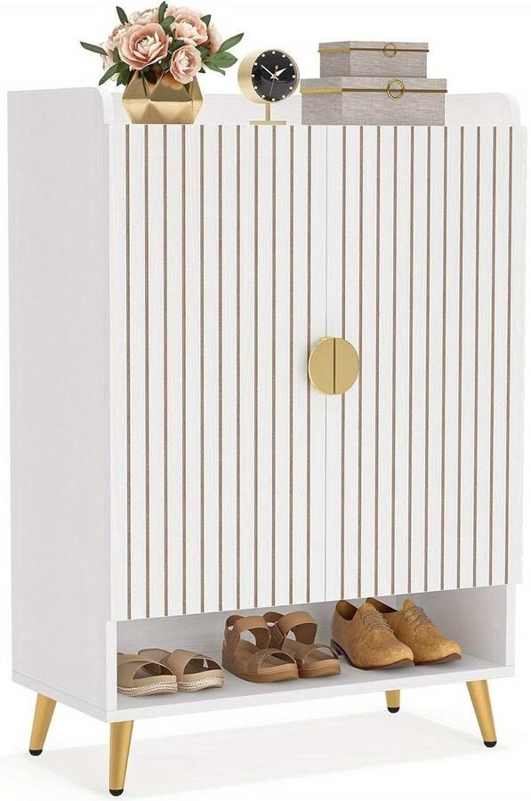 Corenia Schoenenkast – Schoenenrek – Schoenopberger – Schoenenkast – Schoenmeubel – 6-laags met Verstelbare Planken – Wit MDF met Gouden Accenten