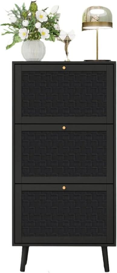 Corenia Schoenenkast – Schoenopberger – Schoenrek – Schoenmeubel – Modulaire Indeling – Krasbestendig MDF – Handgemaakte Geweven Deuren 60 x 24 x 121 cm Zwart