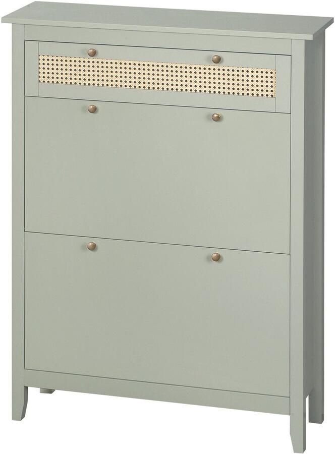 Corenia Schoenenkast – Schoenopberger – Schoenrek – Schoenmeubel – Opbergkast – Watergroen Boho Design – Rattan Look – 2 Klapdeuren – Verstelbare Planken – Lade – Compact 88x30x120 cm – MDF & PP Rattan